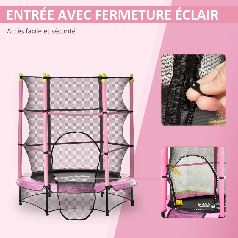 HOMCOM Trampoline Enfant Ø 1,40 × 1,60H m Filet de sécurité Porte zipée Couvre-Ressorts 6 poteaux rembourrés Inclus Rose