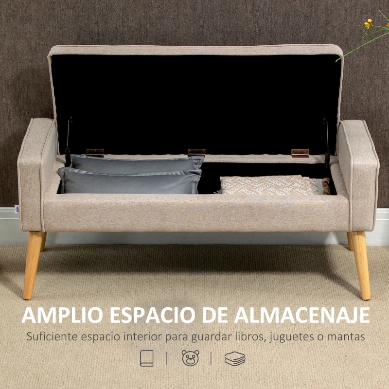 HOMCOM Baúl de Almacenaje Tapizado en Lino con Tapa Abatible y Patas de Madera para Dormitorio Salón 20x45x54 cm Beige