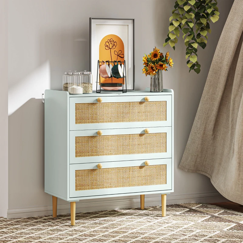 HOMCOM Slaapkamerkast met 3 Laden, Rotan Fronten, Klerenkast voor Gang, Entreegebied, MDF, Lichtblauw