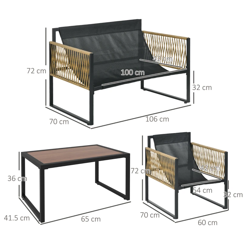 Outsunny Juego de 4 Piezas Muebles de Terraza con 1 Sofá de 2 Plazas 2 Sillones y 1 Mesa de Centro con Encimera de Cristal Gris