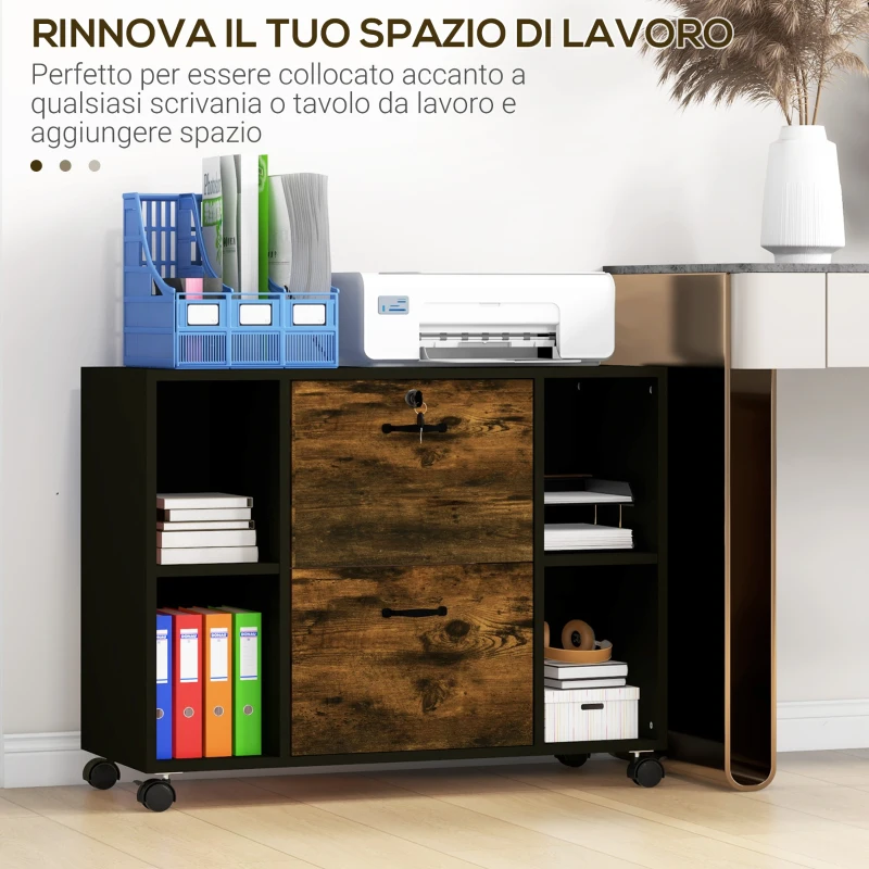 Vinsetto Mobile da Ufficio 2 Cassetti Porta Documenti e Ripiani, Ruote con Blocco, 90x37.5x68.5cm, Marrone Rustico
