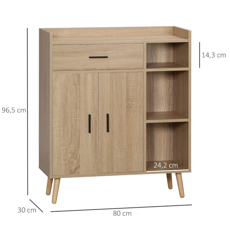 HOMCOM Aparador de Salón Moderno con 2 Puertas 1 Cajón y 3 Estantes Abiertos 80x30x96,5 cm Natural(m-3)