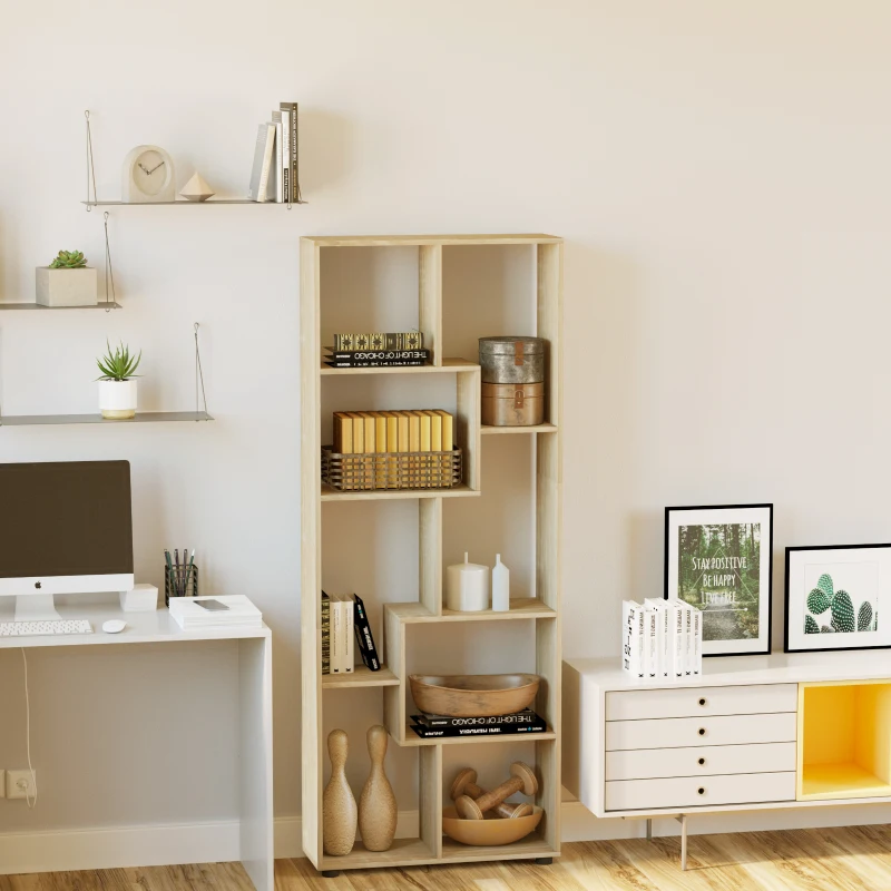 HOMCOM Bookshelf, Tall Bookcase, Modern Room Divider, 8 Cube Storage Unit, Freestanding Storage Shelf for Living Room, Bedroom, Home Office, 70 x 24 x 178 cm, Natural