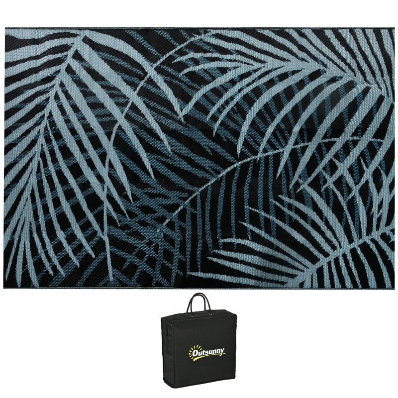 Outsunny Outdoor Wendeteppich, wasserfest, Blattmuster, 182x274cm, Blau/Schwarz/Creme