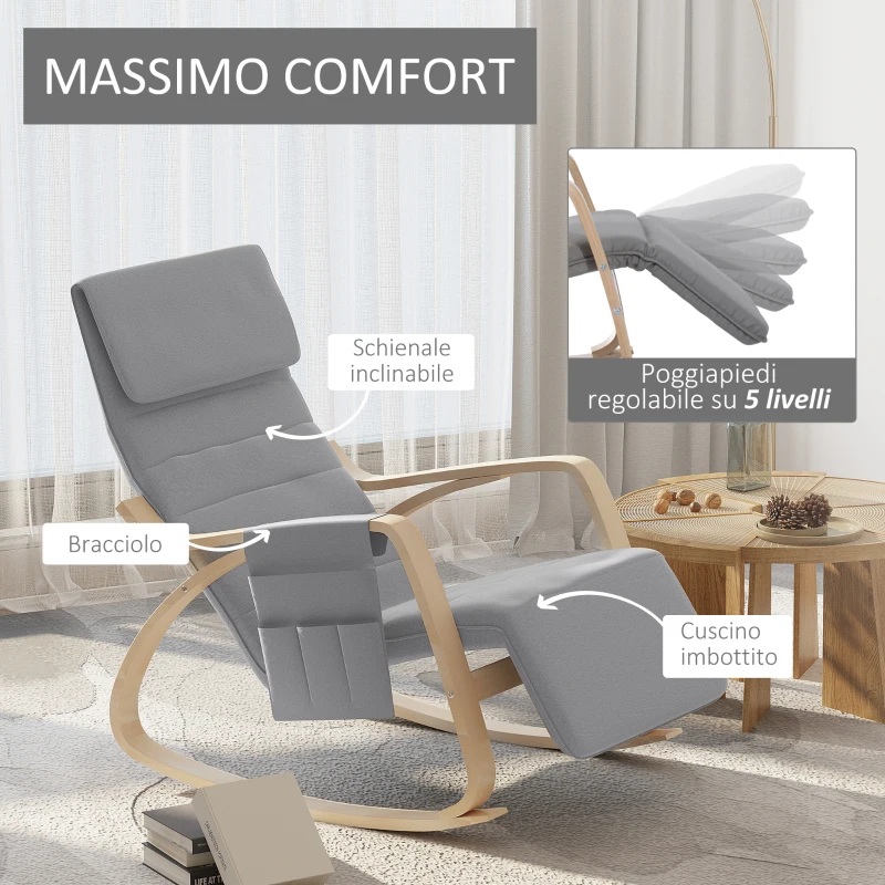 HOMCOM Sedia a Dondolo da Giardino di Design Poggiapiedi Regolabile in 5 Livelli Legno 66 × 90 × 92.5cm Grigio