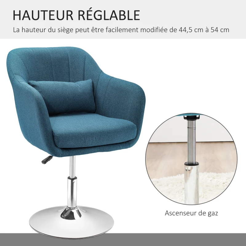 HOMCOM Fauteuil de salon chaise relax fauteuil de chambre grand confort - coussins lombaires hauteur réglable pivotant 360° piètement en métal chromé - bleu canard