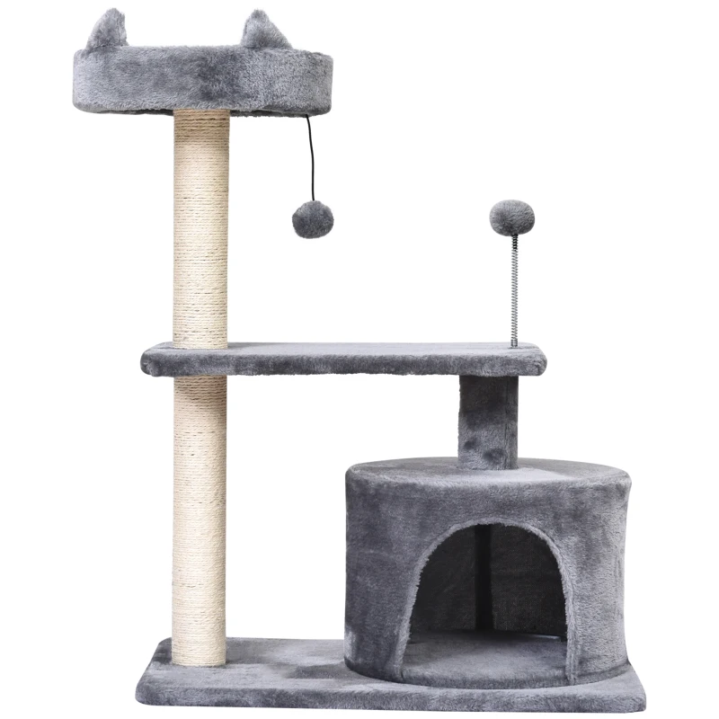 PawHut Katzenbaum mit Hängebett, 3-Stock Kratzbaum, Katzenhöhle, Katzenhaus mit Spielbällen, mit Sisalsäule und Kratzbrett, Plüsch Grau 60 x 40 x 81 cm
