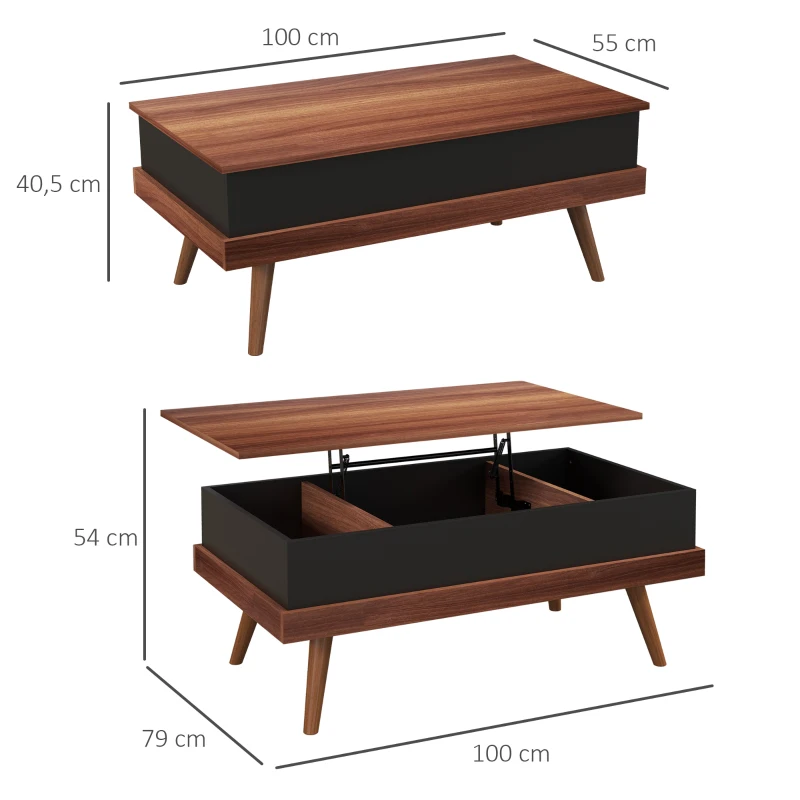 HOMCOM Mesa de Centro Elevable con 3 Compartimientos de Almacenaje Ocultos y Patas de Madera 100x79x54 cm Marrón y Negro(m-3)
