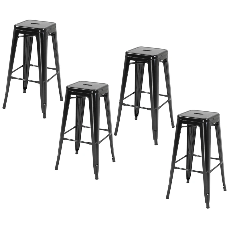 HOMCOM Conjunto de 4 Taburetes de Bar Estilo Industrial Apilables y con Reposapiés Aptos para Interiores y Exteriores 43x43x76 cm Carga Hasta 120kg Negro