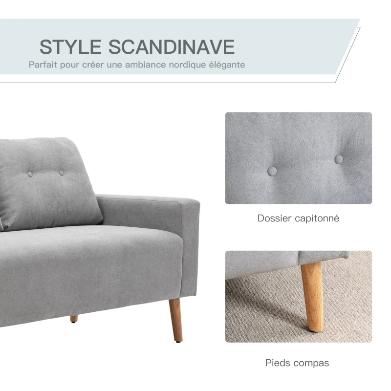 HOMCOM Canapé 2 Places Design scandinave dim. 145L x 76l x 88H cm Pieds Bois Massif Tissu Gris Clair