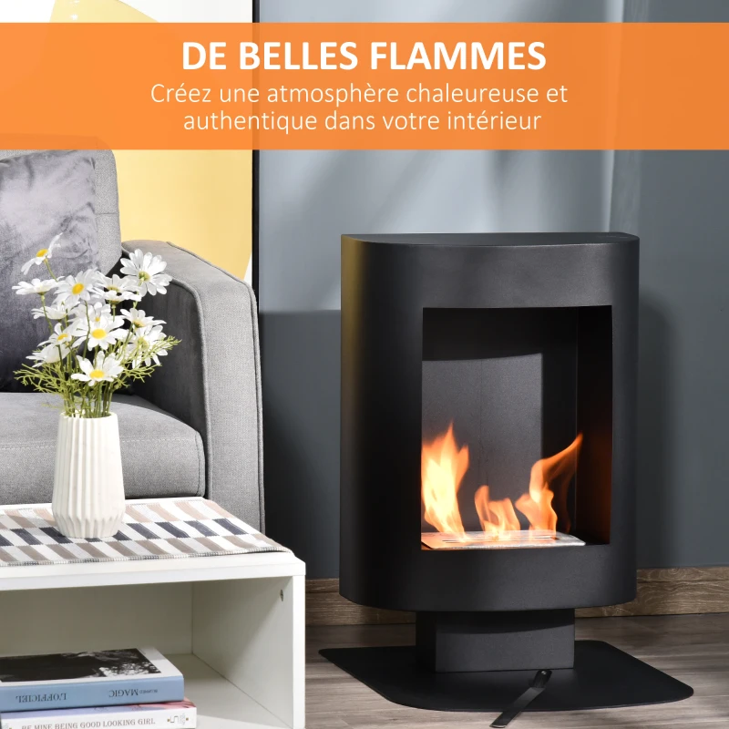 HOMCOM Cheminée bioéthanol sur Pied, brûleur 1,5 L, environ 3 h de durée de combustion, contrôle de Flamme et crochet Inclus, Dim. 46,5L x 53l x 65H cm, Acier Noir