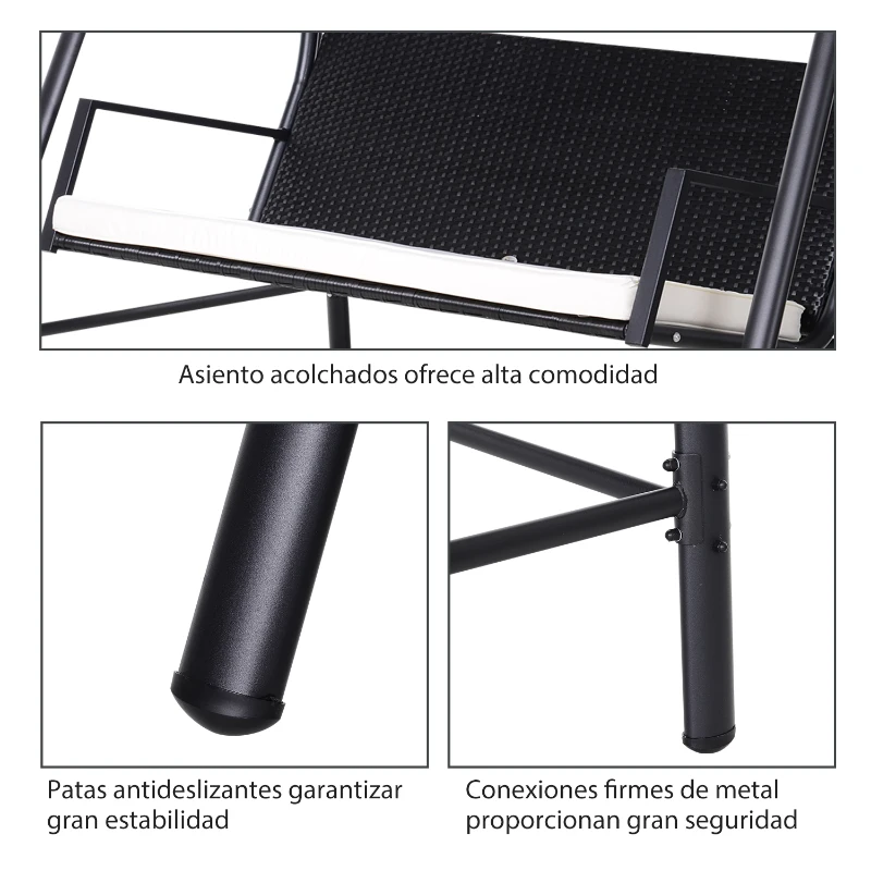 Outsunny Columpio Balancín Jardín de Ratán de 3 Plazas con Techo Ajustable y Cojín Desenfundable con Cremallera para Terraza Balcón Exterior Carga 360 kg 198x124x179 cm Negro