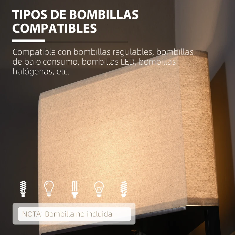 HOMCOM Lámpara de Pie con Estantes de Madera Pantalla de Tela e Interruptor de Cadena 50x37x159 cm Negro y Beige