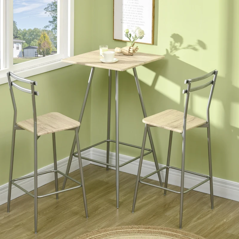 HOMCOM Set 3 Pezzi con Tavolino Alto e Sgabelli da Bar in Legno e Acciaio, Color Quercia