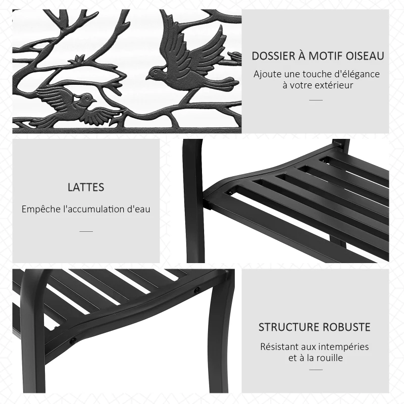 Outsunny Banc de Jardin 3 Places banc extérieur jardin Style Rural Chic pour balcon terrasse patio 127 x 60 x 85 cm métal époxy anticorrosion Noir