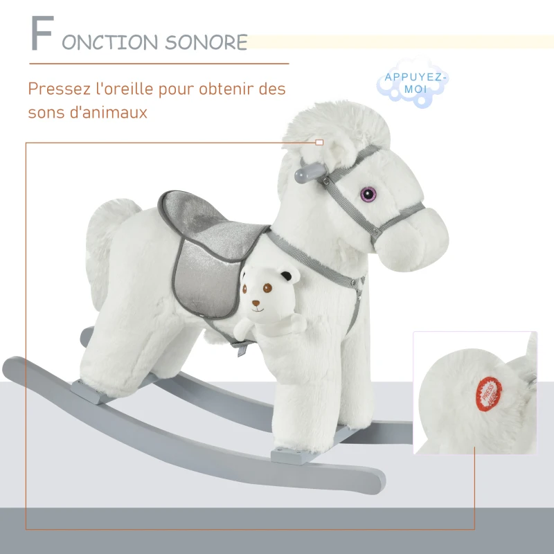 HOMCOM Cheval à bascule bébé de 18 à 36 mois en bois avec effet sonore ours en peluche gratuit 65 x 26 x 55 cm blanc