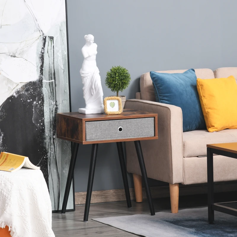 HOMCOM Tavolino da Salotto con Cassetto in Tessuto Pieghevole, Tavolo Vintage in Legno per Soggiorno e Camera, Marrone e Nero