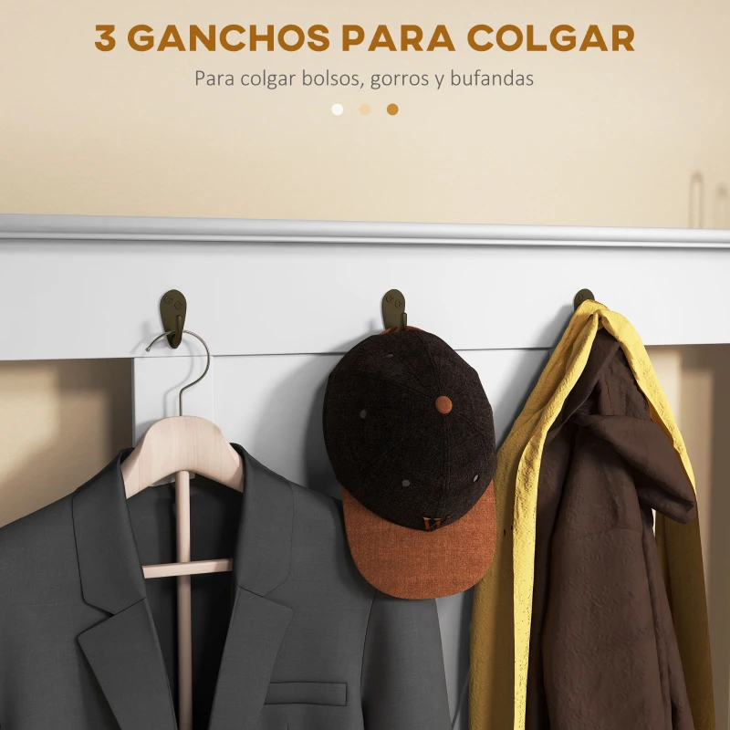 HOMCOM Perchero con Zapatero de Madera con 2 Estantes y 3 Ganchos para Colgar Ropas Bolsos 80,5x40x168 cm Blanco