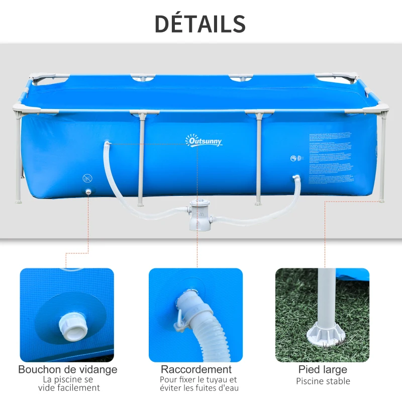 Outsunny Piscine Tubulaire Hors Sol rectangulaire Cadre en métal avec Filtre 252L x 152l x 65H cm Bleu