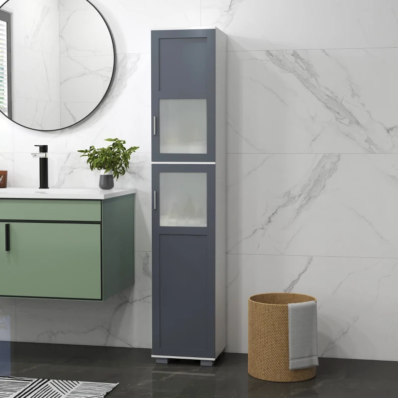 kleankin Armario Alto de Baño Mueble Columna de Baño con 2 Puertas de Vidrio Templado y Estantes Ajustables 37x35x190 cm Blanco y Gris