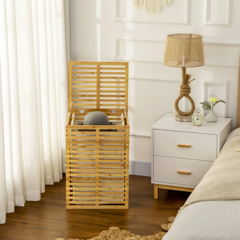 HOMCOM Cesto Portabiancheria in Bambù con Coperchio e Sacca in Poliestere Removibile e Lavabile, 44x37x62.5 cm, color Legno
