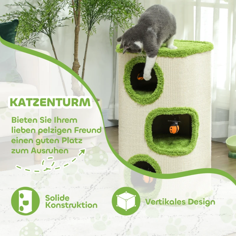 PawHut Kratzturm, 76 cm, Katzenhöhlen mit Plüsch, Kratzfläche, Spielzeug, Grün/Cremeweiß