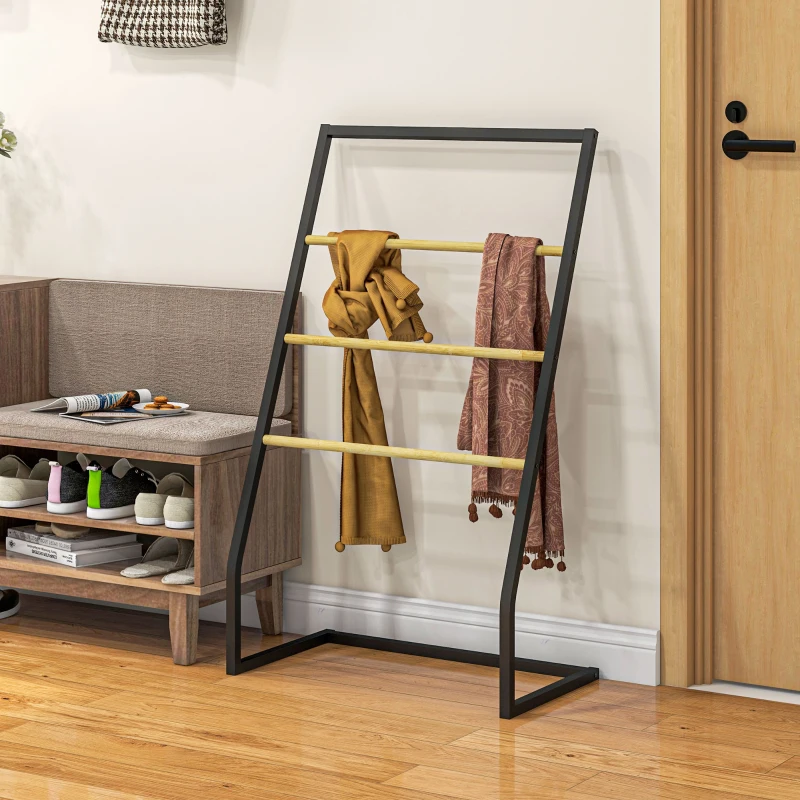 HOMCOM Portasciugamani a 4 Sbarre in Acciaio e Bambù, 60x35x102 cm, Nero e color Legno