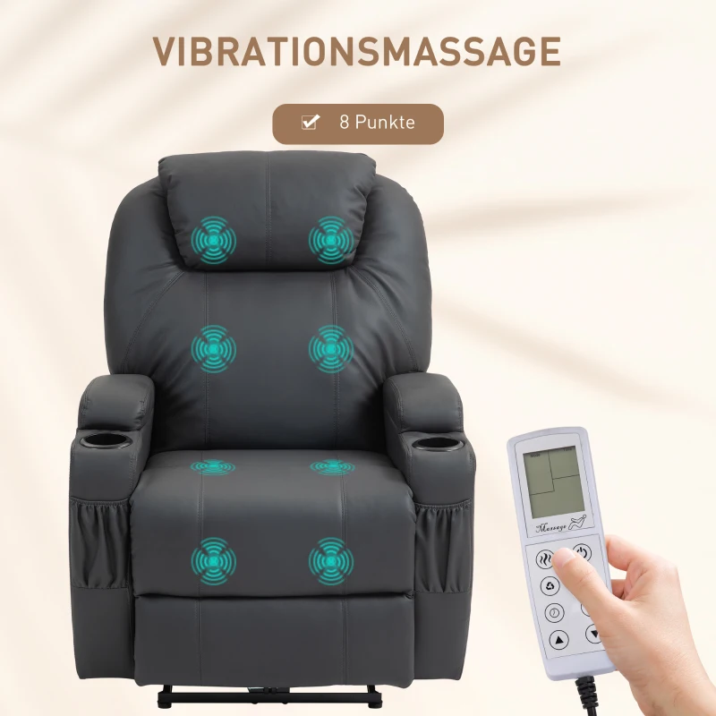 HOMCOM Massagesessel, elektrisch verstellbar, 8 Vibrationspunkte, Becherhalter, Kunstleder, Dunkelgrau(m-4)