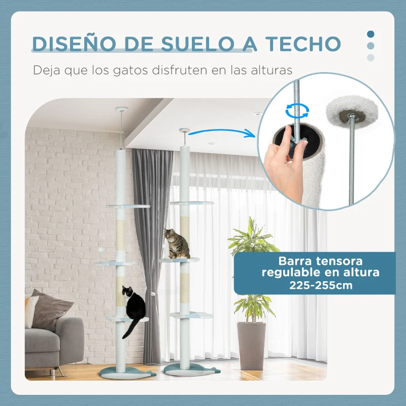 PawHut Árbol Rascador para Gatos de Suelo a Techo Ajustable con 3 Plataforma de Forma de Ola y 1 Bola 55x38x225-255 cm Blanco