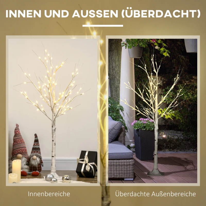 HOMCOM Kunstbaum, Kunstbirke, mit LED-Beleuchtung, warmweiß, realistische, weiße Rinde, 17L x 17B x 120H cm