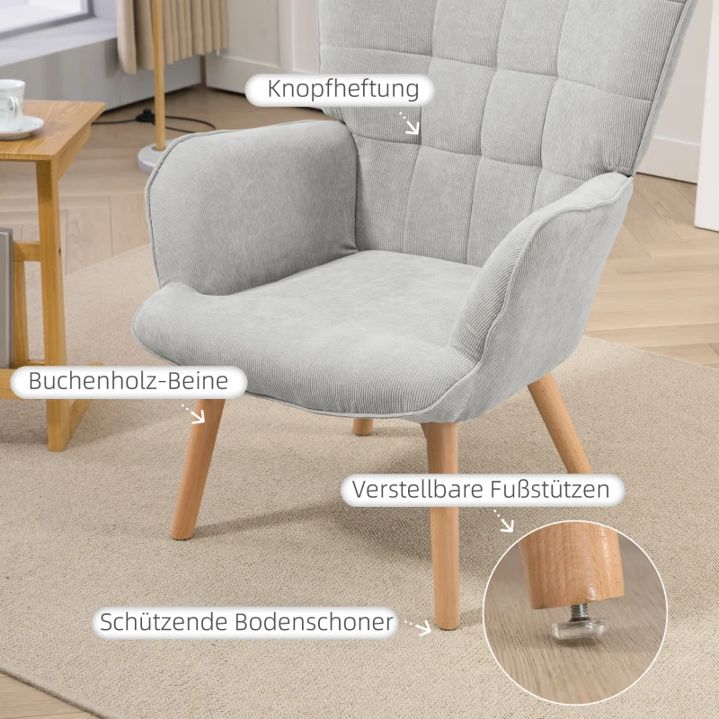 HOMCOM Akzentsessel mit Hocker, Relaxsessel in Cord-Optik, Armlehnstuhl mit Holzbeinen, für Wohnzimmer, Grau(m-5)
