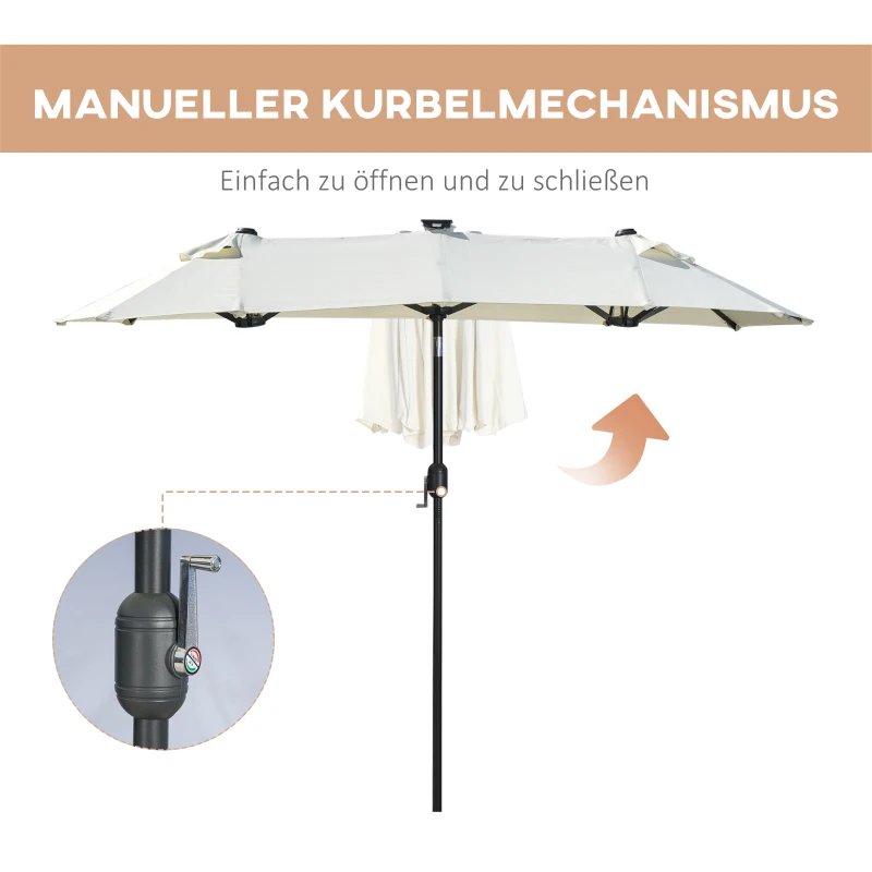 Outsunny Doppelschirm, Terrassenschirm, neigbar, mit Solarpaneel, 35 LEDs, Stahlrahmen, beige, 2,92 x 1,50 x 2,18 m