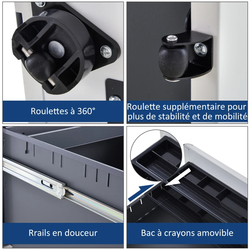 Vinsetto Caisson de bureau rangement bureau sur roulettes 3 tiroirs coulissants verrouillables trieur à dossiers dim. 39L x 48I x 59H cm acier blanc