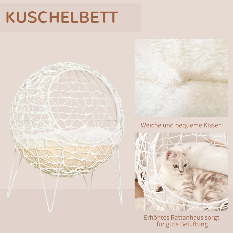Pawhut Rattan Katzenkorb Katzenhöhle Katzenhütte Katzenbett mit Kissen erhöhtes Design Haustierbett Cremeweiß Ø45 x 57H cm