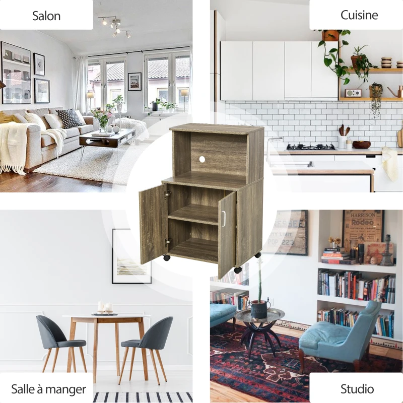 HOMCOM Chariot desserte micro-ondes placard 2 portes - dim. 60,4L x 40,3l x 97H cm - imitation bois