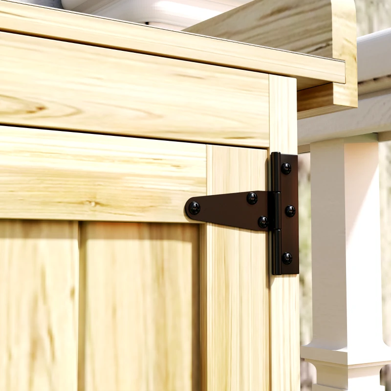 Outsunny Gartenschrank, Werkzeugschrank für den Außenbereich, mit Arbeitsfläche, Holz und Edelstahl, Doppeltüren, Naturholz(m-8)