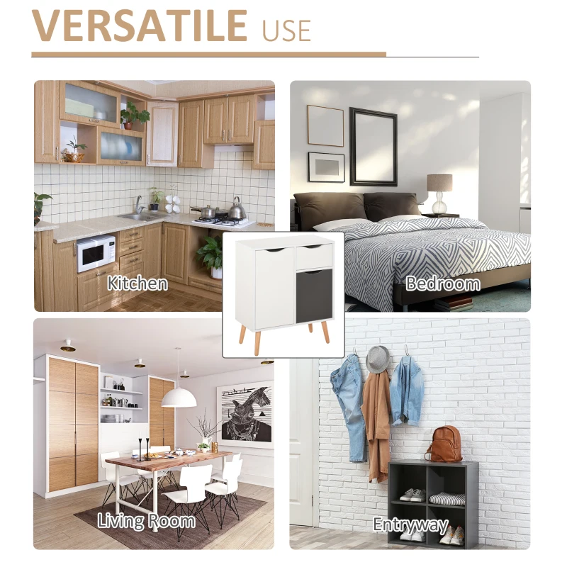 HOMCOM Sideboard Floor Cabinet Storage Cupboard with Drawer and Solid Wood Legs for Bedroom, Living Room, Entryway, Grey