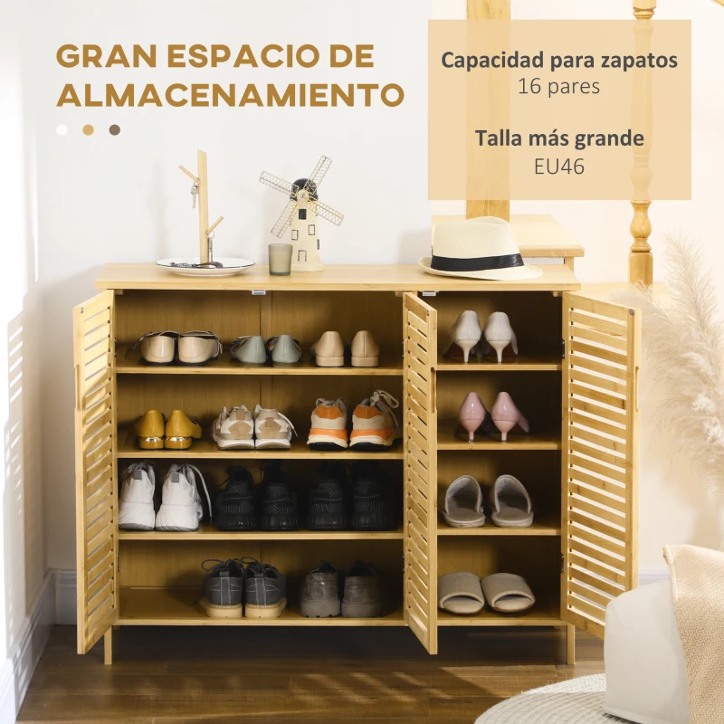 HOMCOM Armario Zapatero de Bambú con 3 Puertas Estantes Ajustables para 16 Pares de Zapatos Antivuelco 100x35x80 cm Natural(m-4)