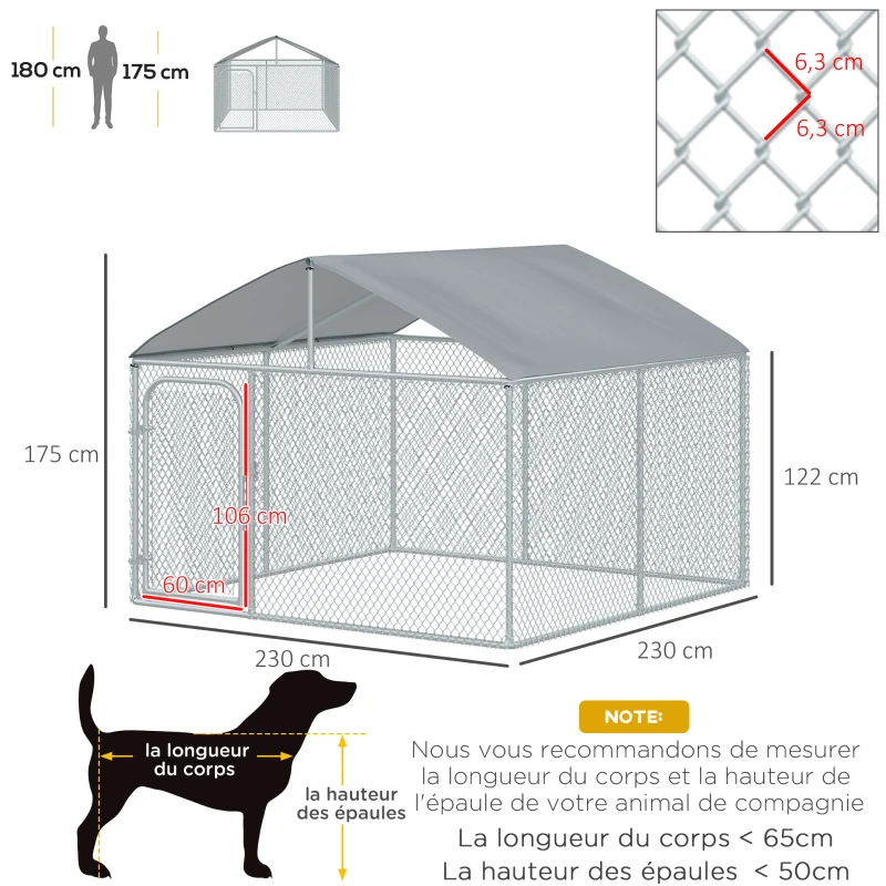 PawHut Chenil extérieur avec toit pour chien 5 m² parc grillagé espace couvert acier galvanisé 230 x 230 x 175 cm