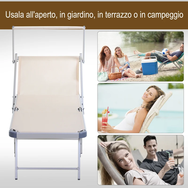 Outsunny Sedia Sdraio da Esterno con Tettuccio, Lettino Prendisole Pieghevole da Giardino in Alluminio, 169 x 72 x 50/70cm Beige