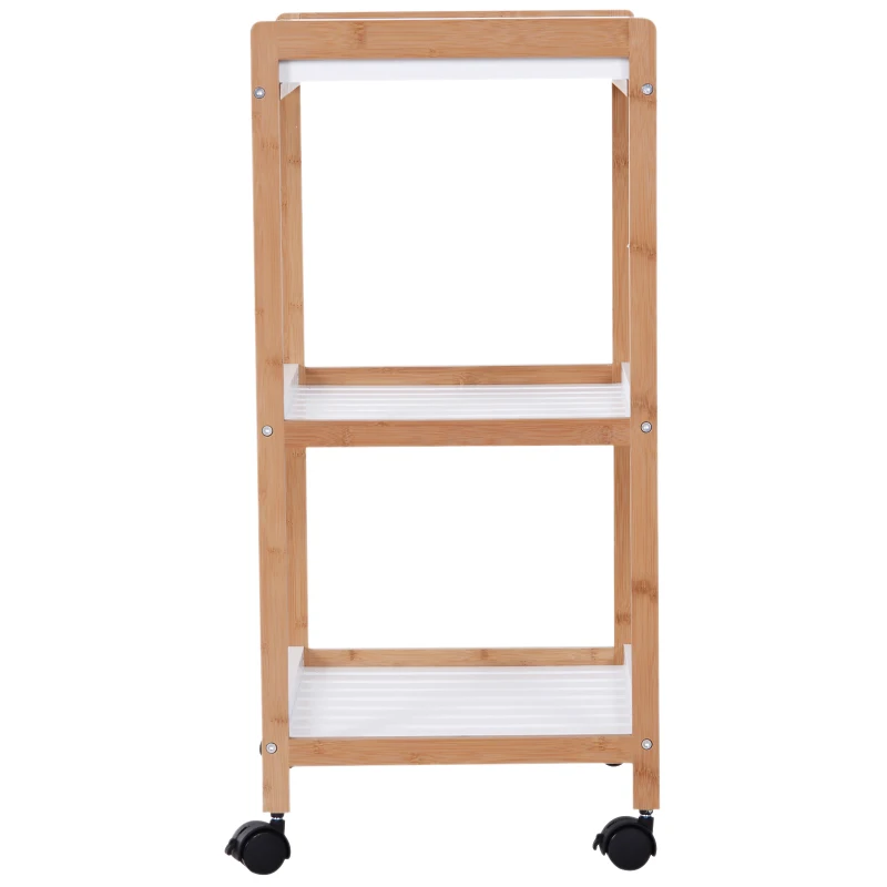 HOMCOM Küchenwagen Rollwagen mit 3 Ebenen Servierwagen mit abnehmbarem Tablett, Küchenregal auf Rollen, Küchenrollwagen für Küche Bad Büro Wohnzimmer Weiß + Natur