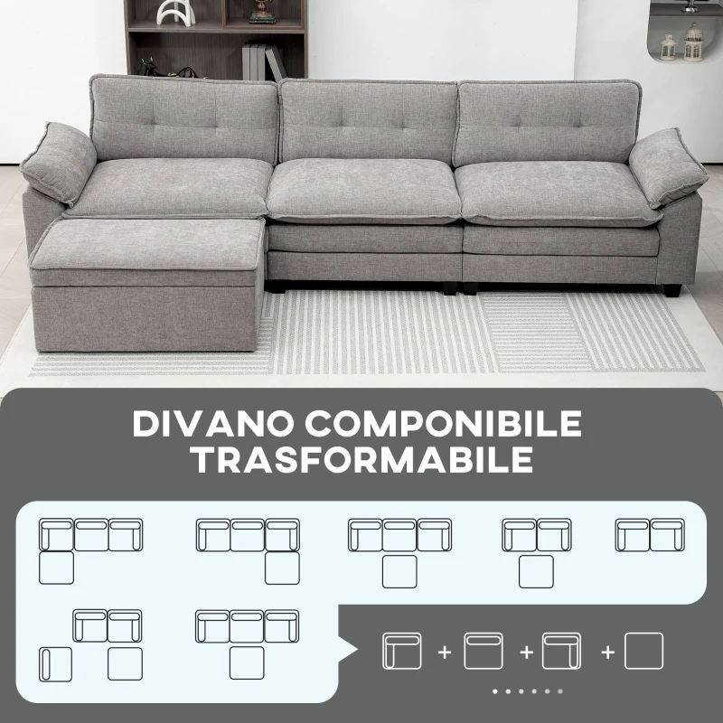 HOMCOM Divano Angolare Modulare con Chaise Longue, Pouf Contenitore e Rivestimento in Ciniglia, Grigio