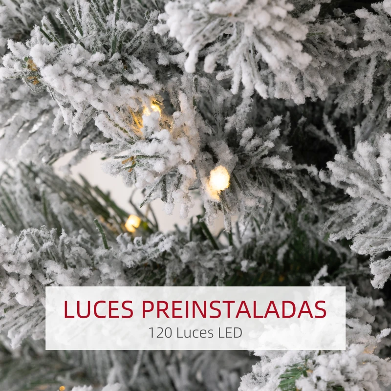 HOMCOM Árbol de Navidad Artificial Nevado 150 cm con 120 Luces LED 263 Ramas y Patas de Metal para Salón Verde y Blanco