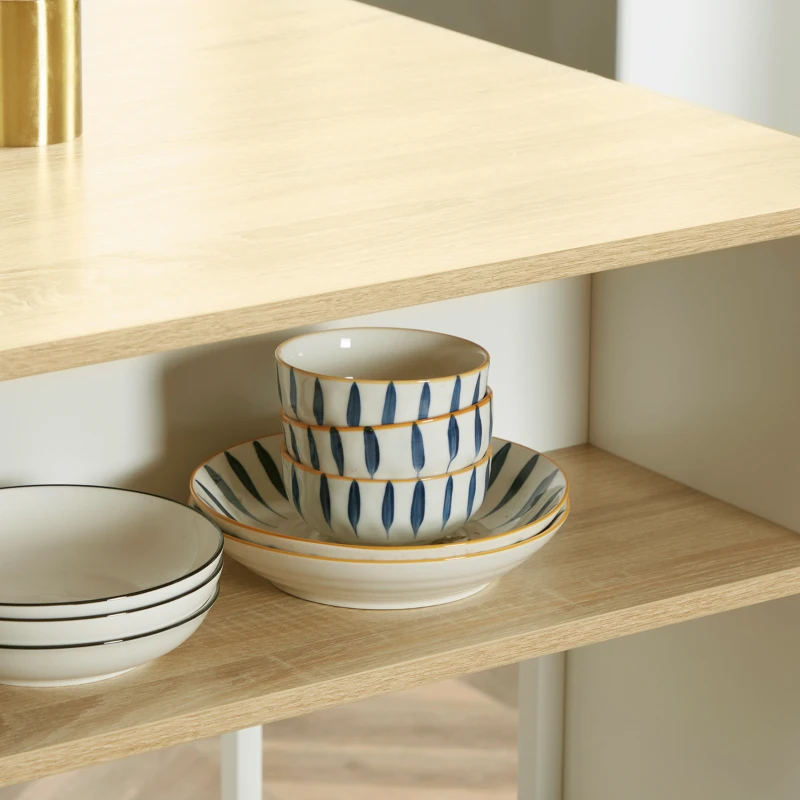 HOMCOM Isla de Cocina Moderna Mueble Auxiliar de Cocina con 3 Estantes Abiertos Portacuchillos Marco de Acero 105x65x90cm Roble