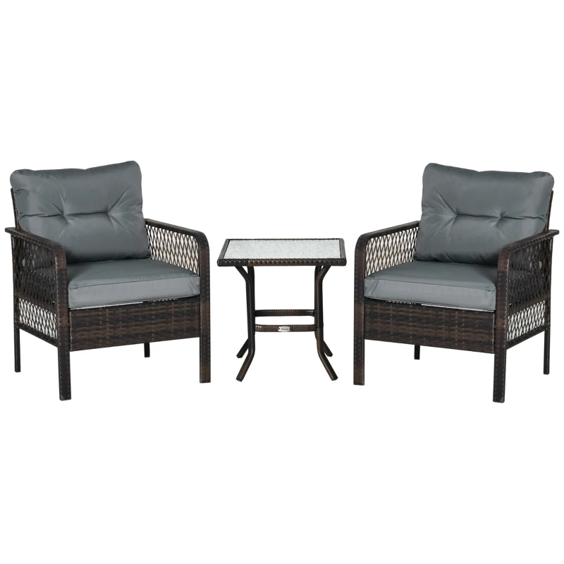 Outsunny Conjunto de Muebles de Ratán Juego de 3 Piezas de Jardín 2 Sillones 65x66x75 cm y Mesa de Vidrio Templado 50x50x50 cm con Cojines Acolchados para Terraza Patio Marrón y Gris