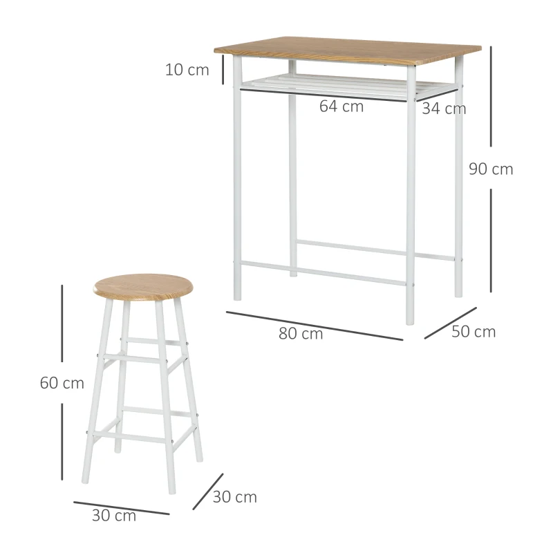 HOMCOM Bartisch Set Bartisch mit 2 Barhockern Essgruppe Küchentisch mit Lagerregal Esstisch für Esszimmer, Küche, Weiß