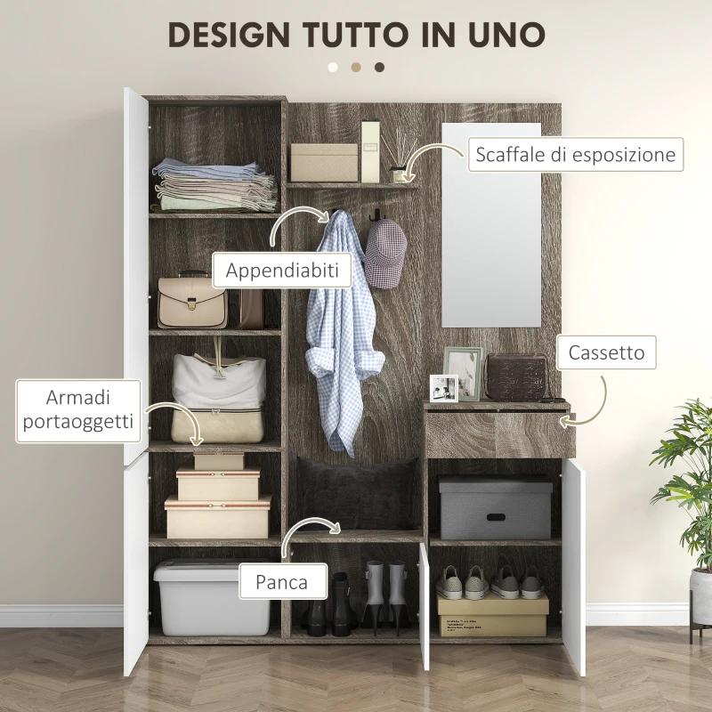 HOMCOM Mobile da Ingresso 4 in 1 con Specchio, Ganci e Ripiani Interni, in Legno, 145x29x184 cm, Nero e Bianco