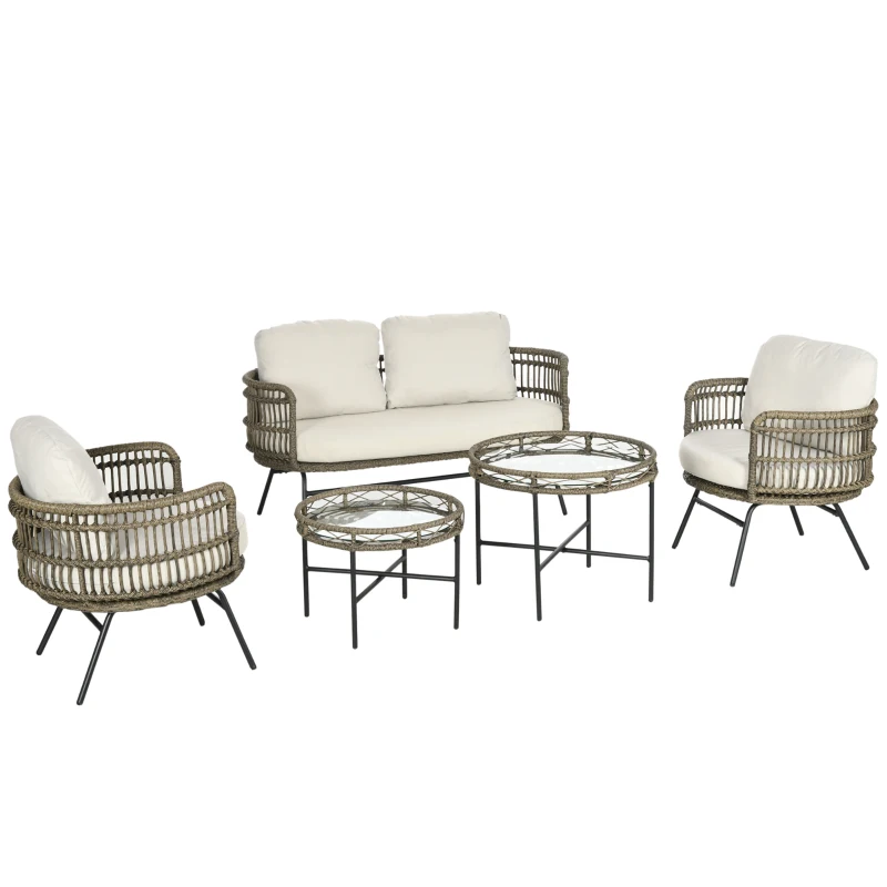 Outsunny Gartenmöbel-Set für 4 Personen aus PE-Rattan, 2 Sessel, 1 Sofa, 2 Beistelltisch, Boho-Stil, Braun+Grau