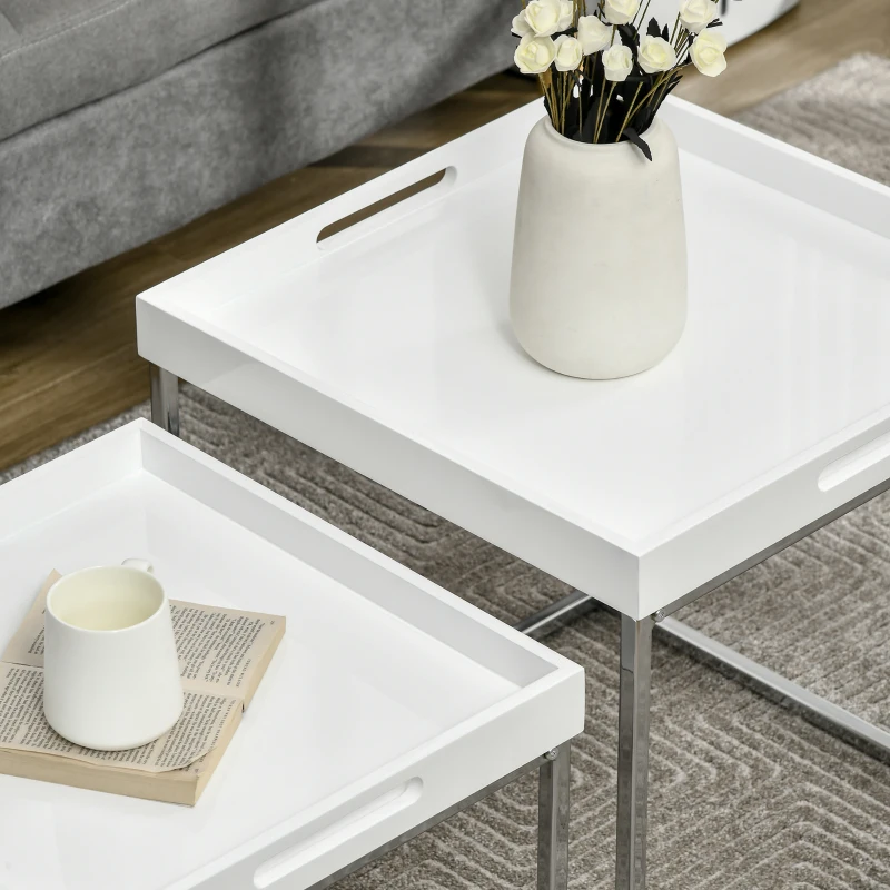 HOMCOM High Gloss Coffee Table Set of 2, Square Nest of Tables with Steel Frame for Living Room, White