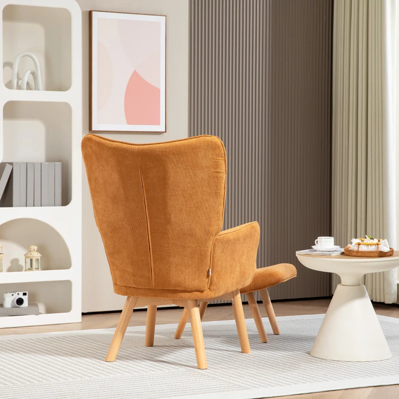HOMCOM Akzentsessel mit Hocker, Relaxsessel in Cord-Optik, Armlehnstuhl mit Holzbeinen, für Wohnzimmer, Braun(m-8)